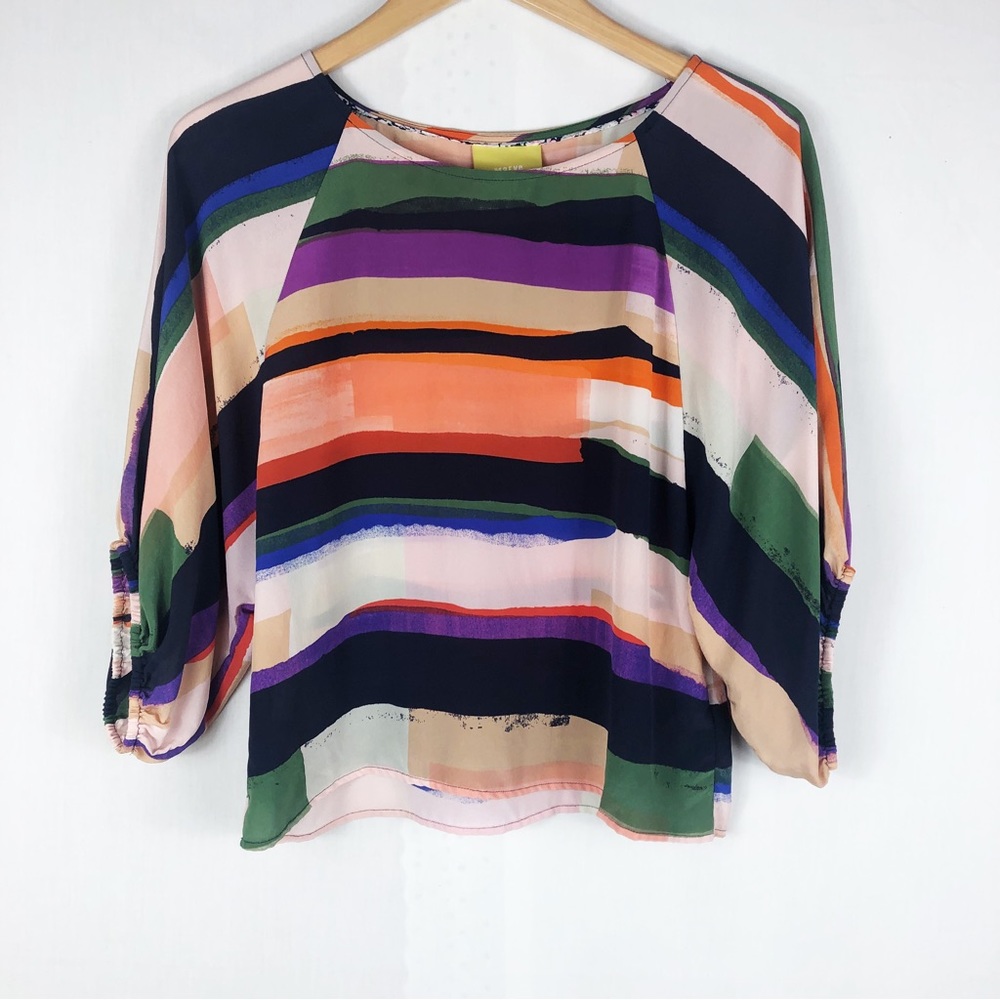 Maeve Anthropologie Balloon Sleeve Silk Crop Top | Multicolor | Size Small